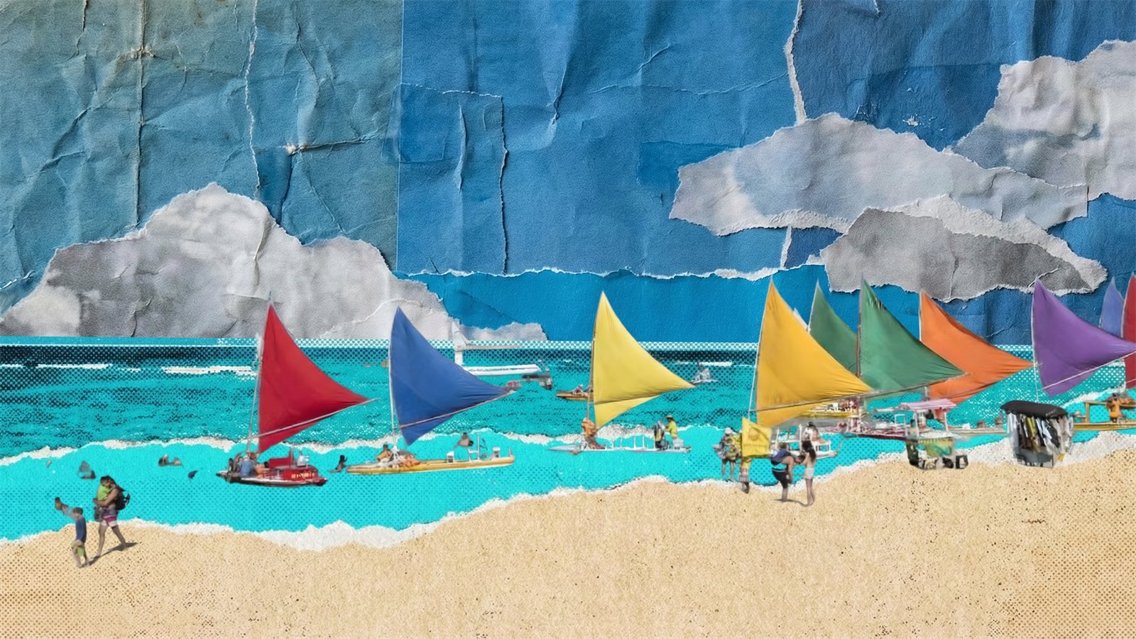 Colagem digital de praia pernambucana com jangadas de velas coloridas