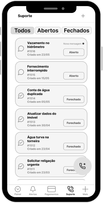 Suporte - Abrir chamado e timeline de status: Aberto / Em andamento / Fechado.